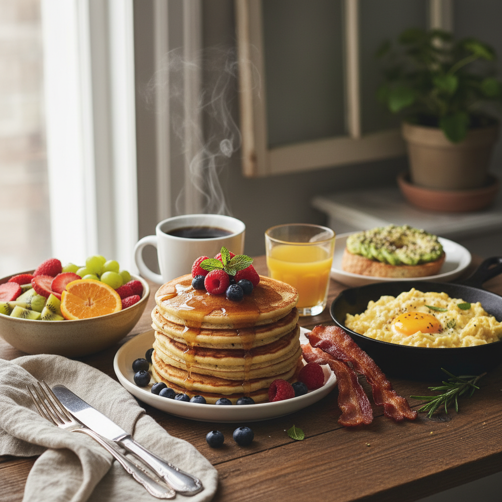 A beautiful brunch spread featuring pancakes with berries, crispy bacon, scrambled eggs, fresh fruit, and coffee.