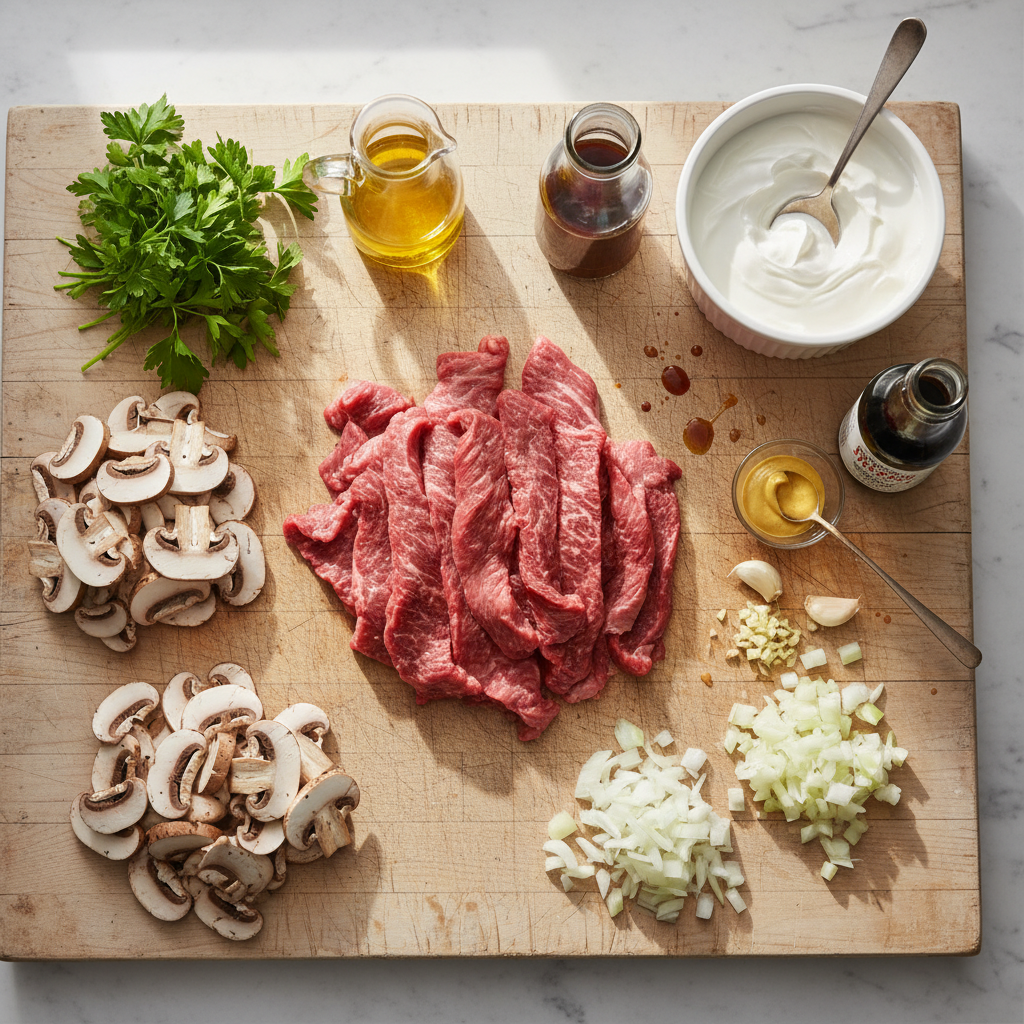 A beautiful flat lay of fresh ingredients for beef stroganoff, including raw beef strips, sliced mushrooms, sour cream, and various spices.