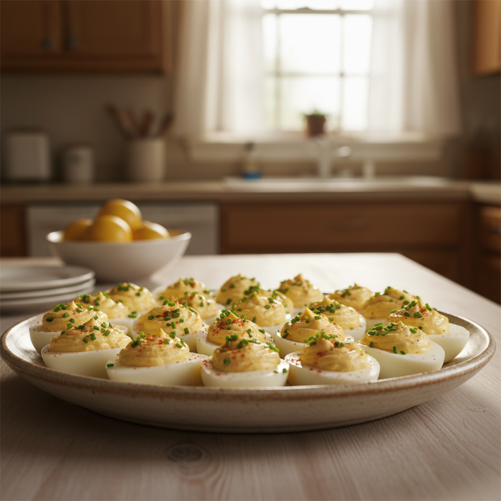 A beautiful platter of classic deviled eggs, garnished with paprika and chives, ready for serving.