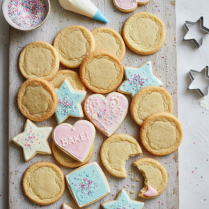 A beautiful spread of freshly baked sugar cookies, some plain and some intricately decorated with colorful royal icing and sprinkles, arranged on a platter, ready for holiday celebrations or family decorating fun.