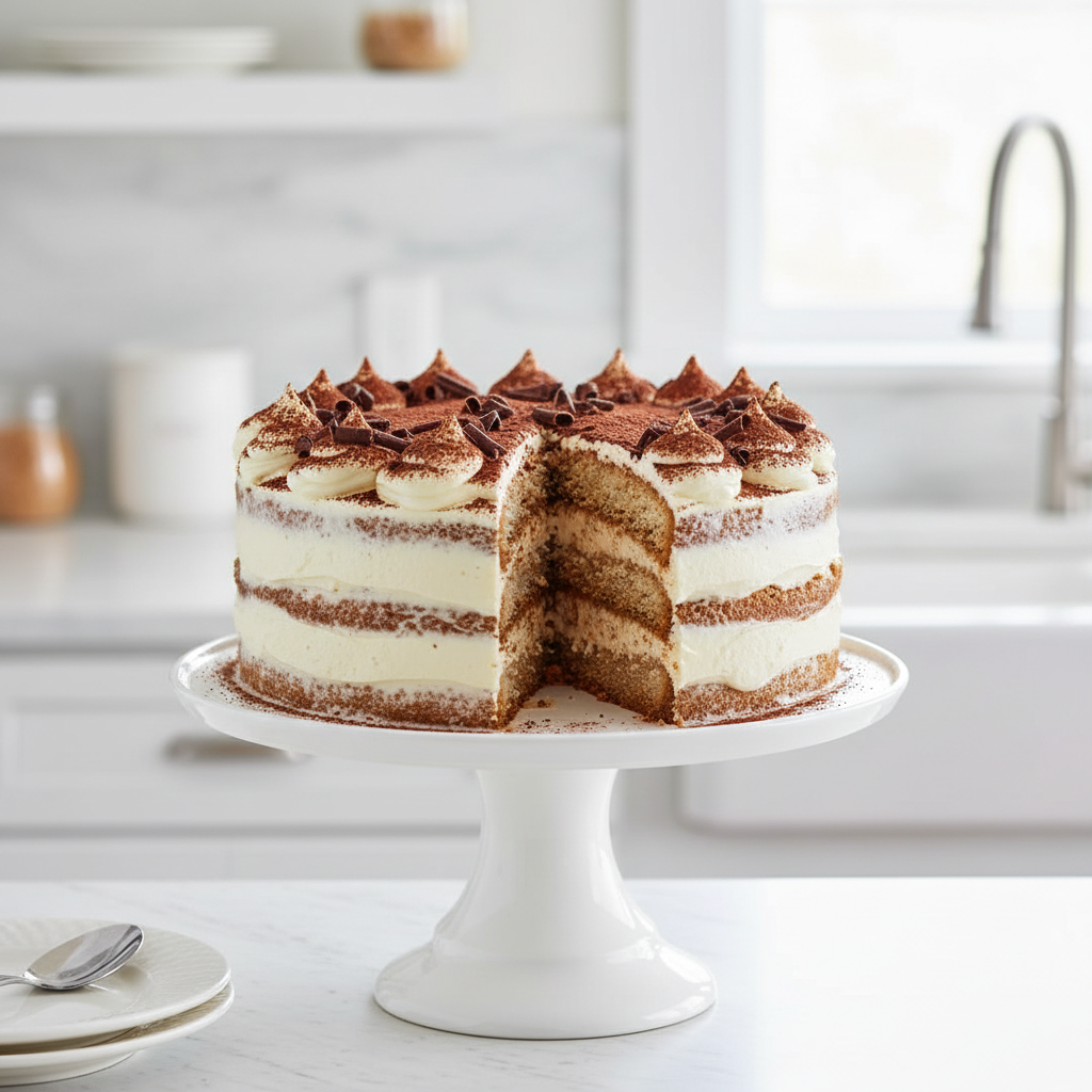 A beautiful tiramisu layer cake on a stand with one slice removed, revealing the cake layers and creamy frosting.