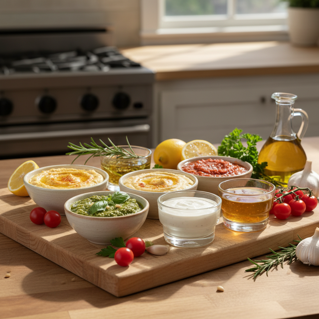 A beautiful top-down shot of various colorful homemade sauces, dips, and dressings in small bowls, garnished with fresh herbs, lemons, and cherry tomatoes, arranged on a wooden board in a kitchen.