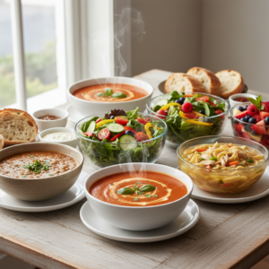 A beautifully arranged spread of various delicious and vibrant soups and fresh, colorful salads on a rustic wooden table, ready for a healthy meal.
