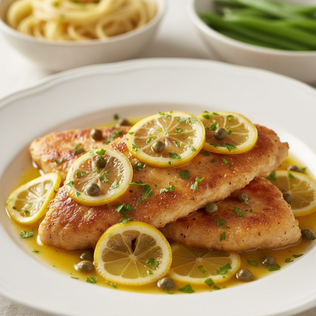 A beautifully plated dish of golden-brown chicken piccata topped with a vibrant lemon-caper sauce, fresh lemon slices, capers, and parsley.