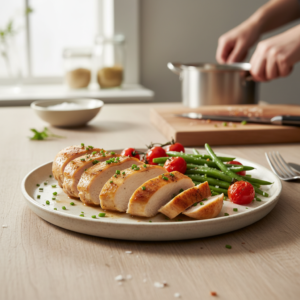 A beautifully plated, golden-brown sliced chicken breast garnished with fresh herbs, served with roasted cherry tomatoes and green beans on a rustic kitchen table.