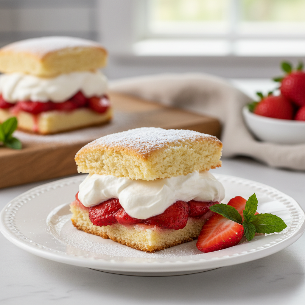 A beautifully plated slice of classic strawberry shortcake with a golden biscuit, fresh strawberries, and fluffy whipped cream, garnished with mint on a white plate.