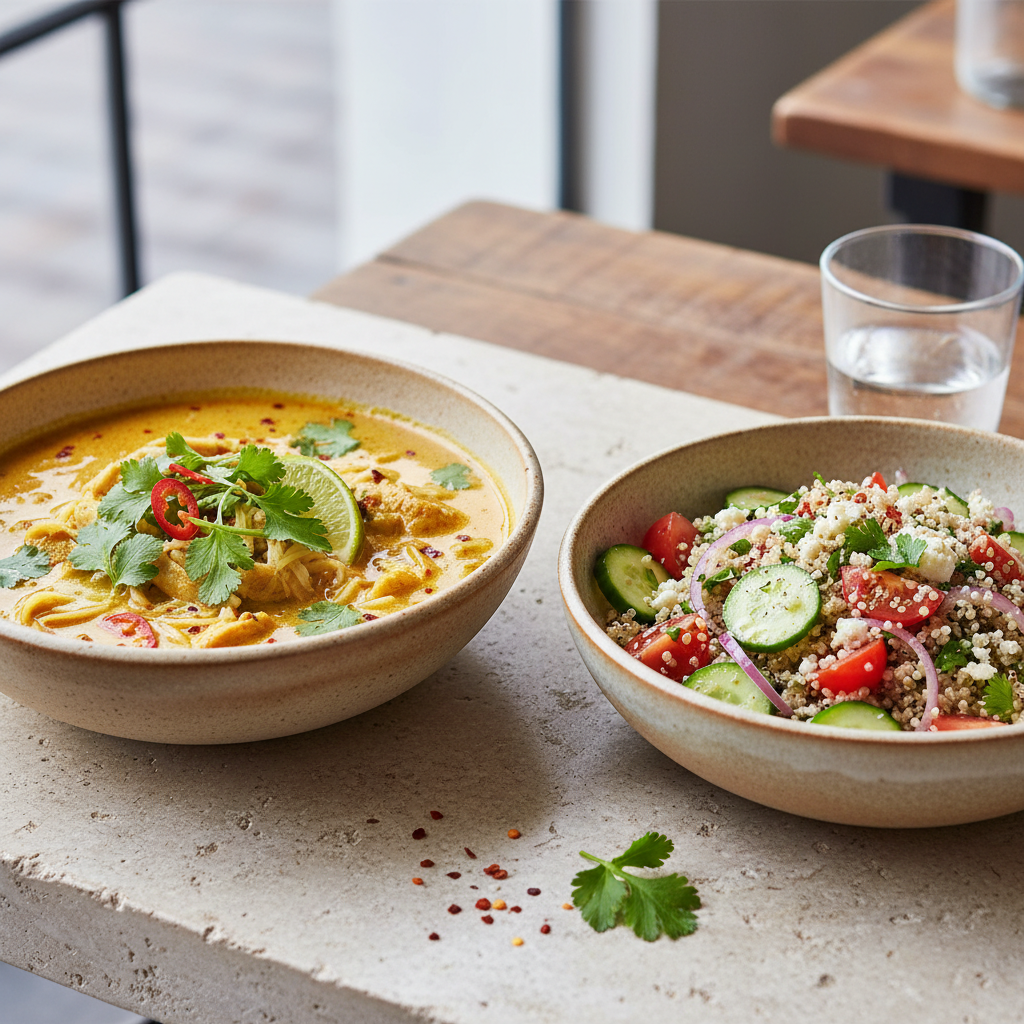A bowl of Thai coconut curry soup next to a bowl of Mediterranean quinoa salad, showcasing global flavors.