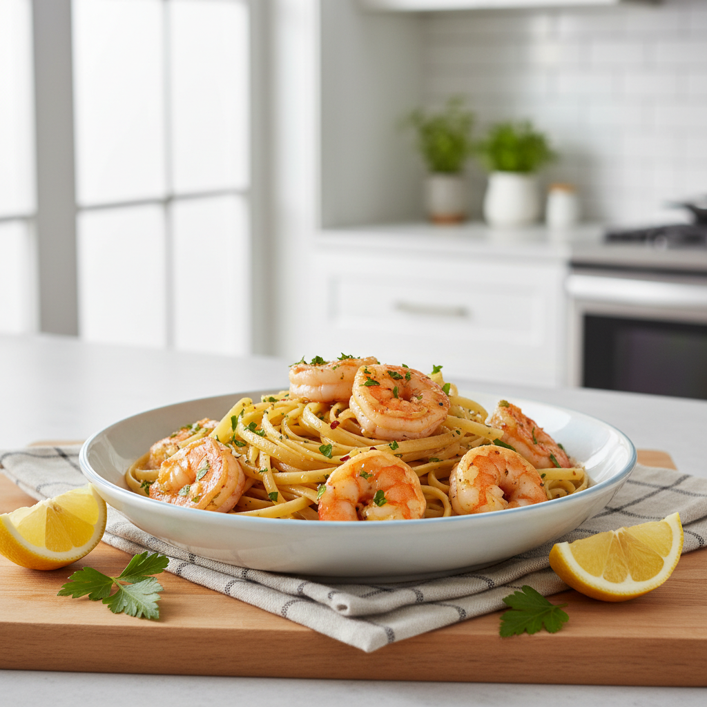 A bright bowl of Lemon Garlic Shrimp Scampi with Linguine, garnished with fresh parsley and lemon, on a kitchen counter.