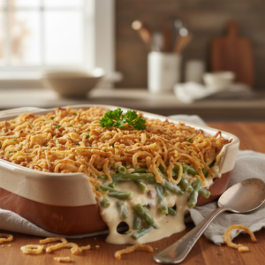 A classic green bean casserole baked to golden perfection with a crispy fried onion topping, served in a rustic dish on a wooden table.