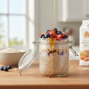 A clear glass jar filled with creamy overnight oats, topped with fresh blueberries, sliced strawberries, and a drizzle of honey, ready for an easy breakfast.