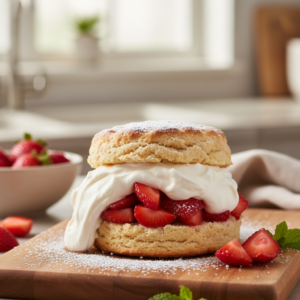 A close-up, beautifully plated classic strawberry shortcake with fluffy biscuits, bright red fresh strawberries, and generous homemade whipped cream, ready to enjoy.