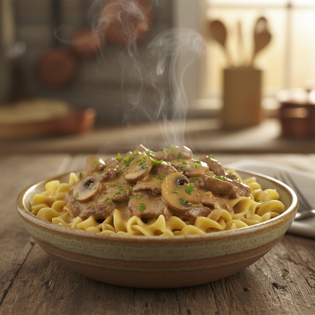 A close-up, mouth-watering image of creamy beef stroganoff served over egg noodles, garnished with fresh parsley.