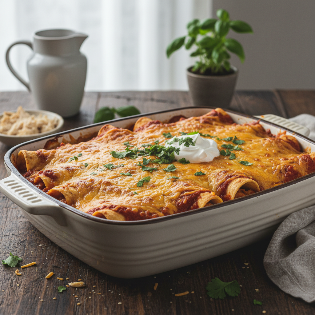 A close-up of a baking dish filled with golden-brown, cheesy chicken enchiladas, topped with red sauce, fresh cilantro, and sour cream, ready to serve.