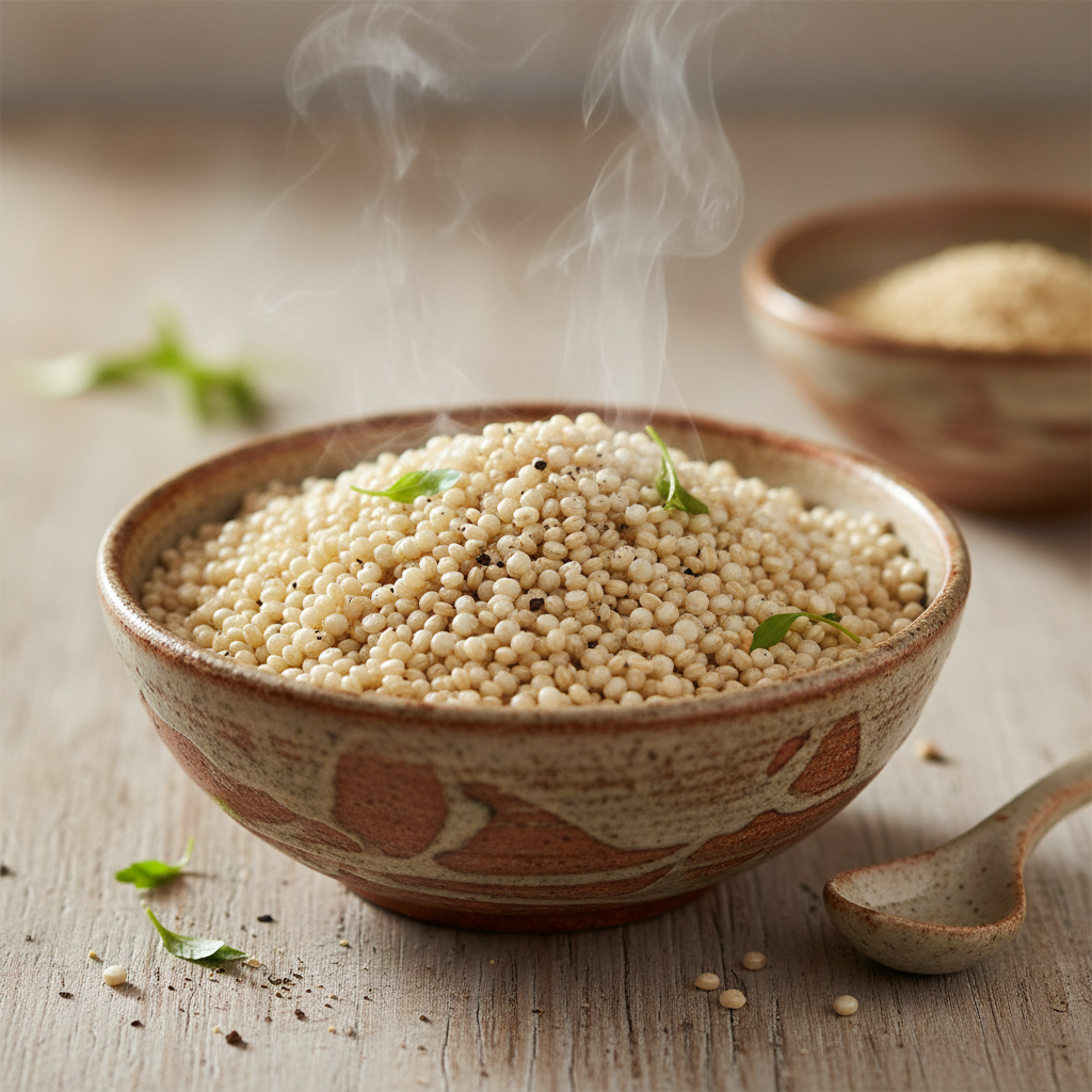A close-up of a bowl of perfectly cooked, fluffy white quinoa, steaming lightly.