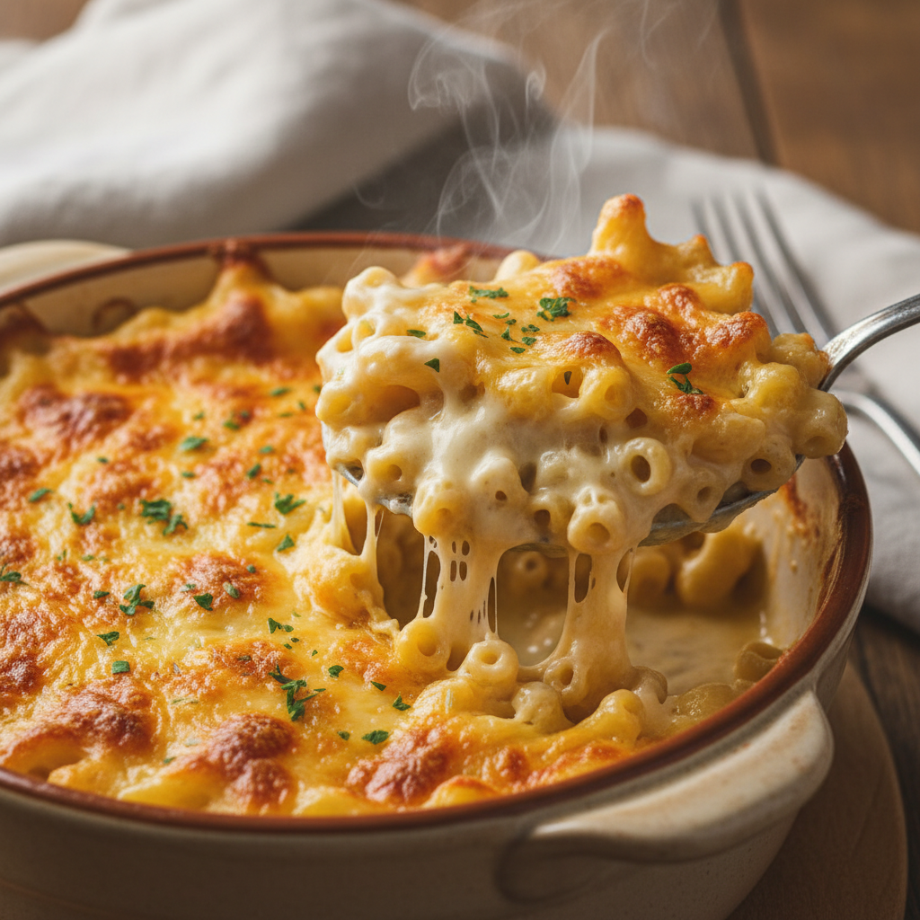 A close-up of a bubbling, golden-brown baked mac and cheese with a scoop taken out, showing creamy cheese sauce and macaroni noodles.