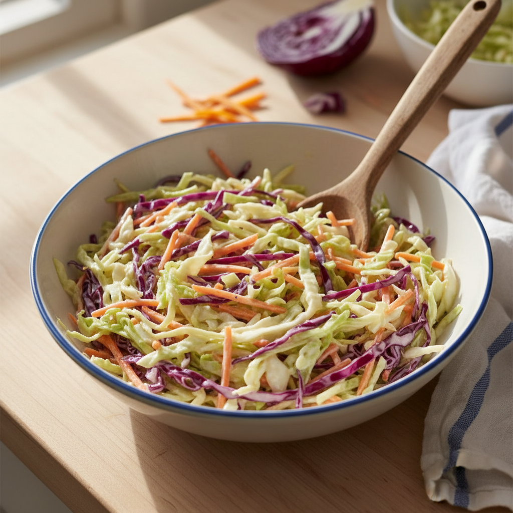 A close-up of a fresh, creamy coleslaw with shredded green and purple cabbage and carrots in a white serving bowl.