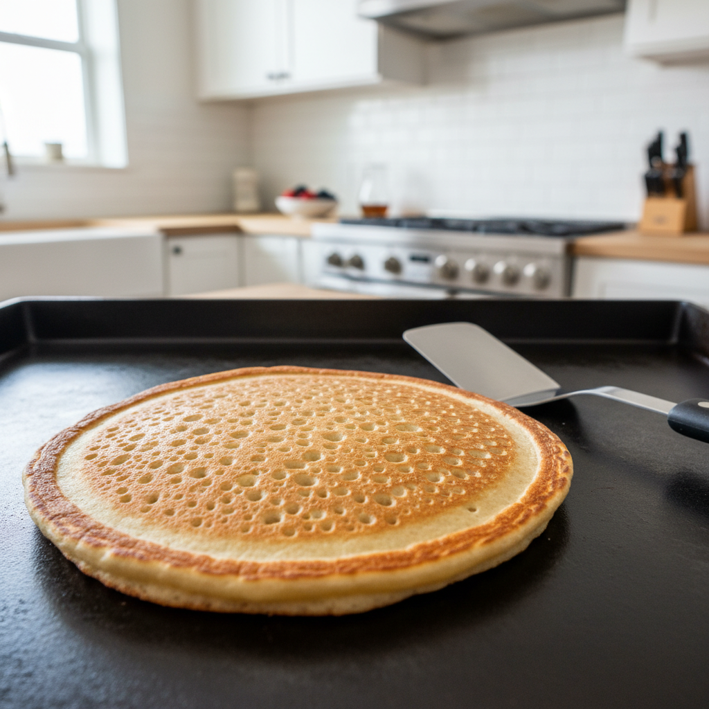 A close-up of a golden-brown pancake cooking on a griddle, showing small bubbles forming on its surface.