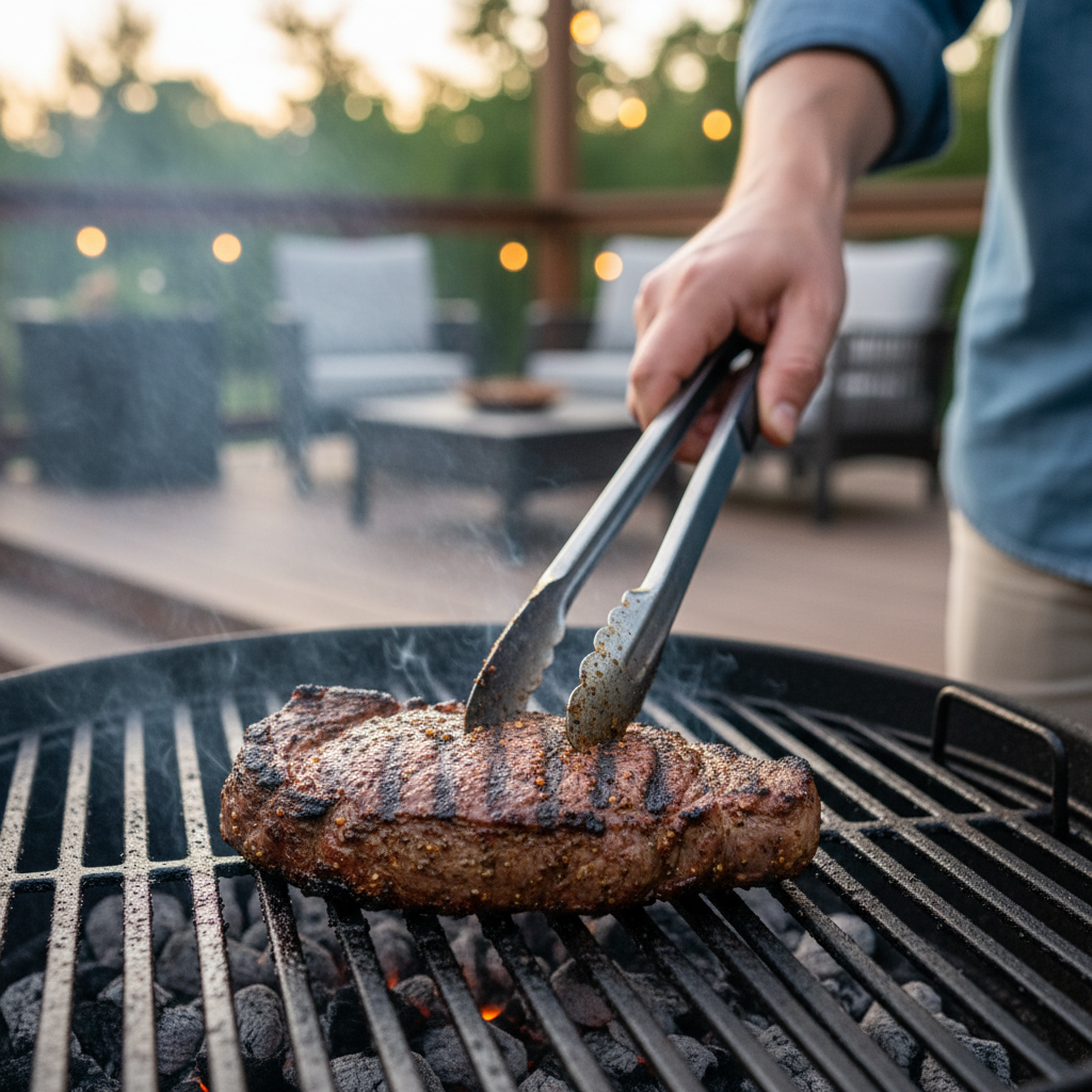 A close-up of a juicy flank steak sizzling with char marks on an outdoor charcoal grill, being flipped by a home cook's hand with tongs.
