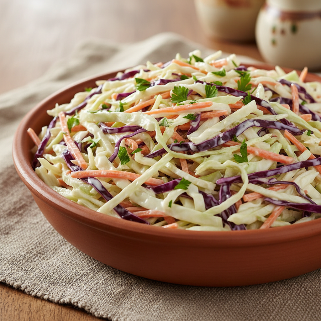 A close-up of a large serving bowl filled with creamy coleslaw, featuring shredded green and purple cabbage and carrots, garnished with fresh parsley.