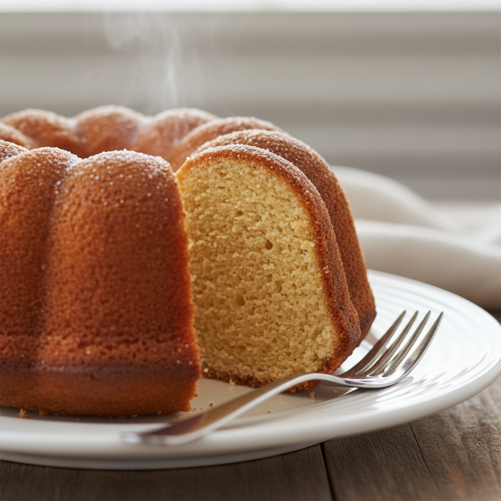 A close-up of a slice of Bundt cake on a white plate, revealing its moist and tender crumb texture.