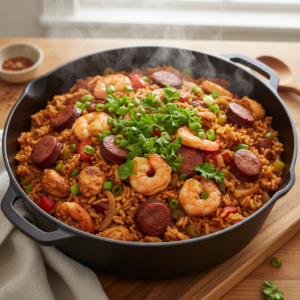 A close-up of a steaming, vibrant jambalaya dish in a rustic cast-iron pot, brimming with chicken, sausage, shrimp, and vegetables, garnished with fresh green onions.