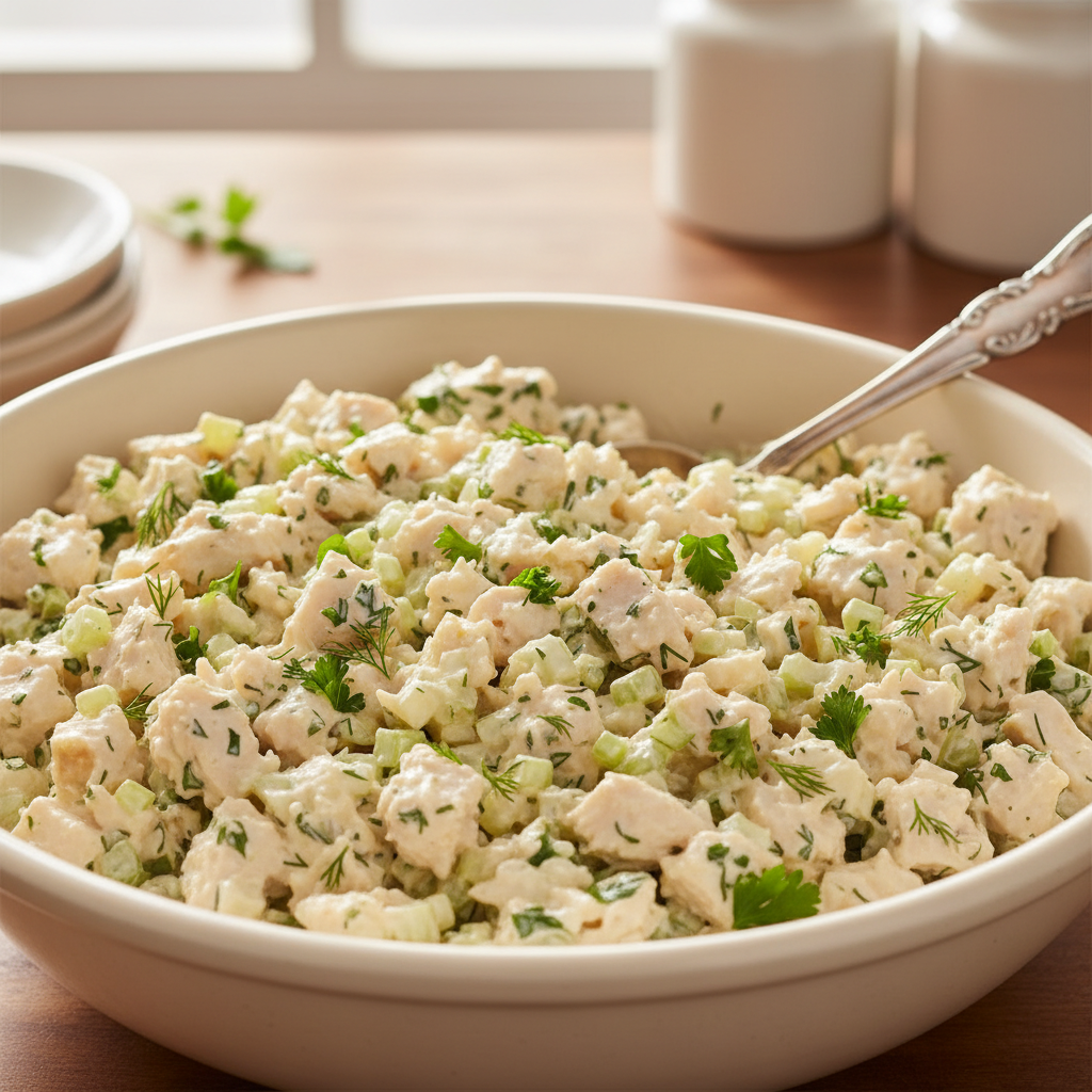 A close-up of creamy, classic chicken salad in a rustic ceramic bowl, garnished with fresh herbs, ready to be served.
