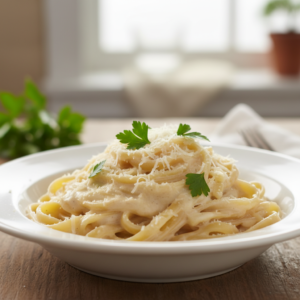 A close-up of creamy homemade Alfredo pasta in a white bowl, garnished with Parmesan and fresh parsley.
