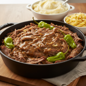 A close-up professional food photograph of a delicious Mississippi Pot Roast, featuring tender, shredded beef in a rich, savory gravy, garnished with pepperoncini, served alongside mashed potatoes.