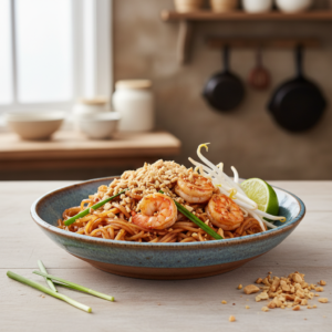 A close-up, professional food photograph of a vibrant and authentic plate of Pad Thai with noodles, shrimp, peanuts, bean sprouts, and lime, ready to be enjoyed.