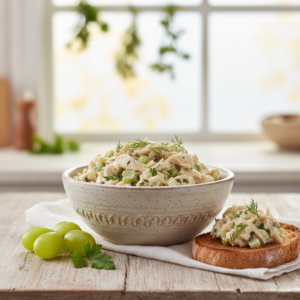 A close-up shot of creamy classic chicken salad in a white ceramic bowl, garnished with fresh dill and accompanied by grapes.