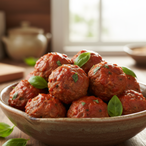 A close-up shot of tender homemade meatballs covered in rich tomato sauce and garnished with fresh basil leaves.