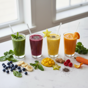 A collection of colorful, freshly made smoothies with fruit and healthy ingredients arranged on a bright kitchen counter, ready to enjoy.
