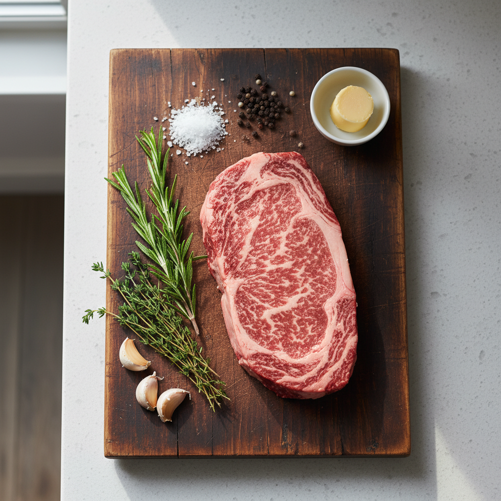 A collection of fresh ingredients for cooking rib eye steak, including a raw rib eye, herbs, garlic, salt, pepper, and butter.