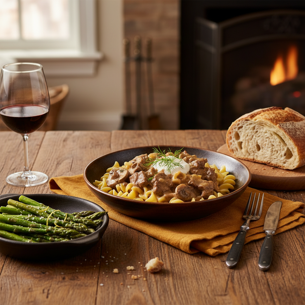 A complete, comforting dinner setting featuring a bowl of beef stroganoff with egg noodles, a side of green asparagus, and a slice of crusty bread.