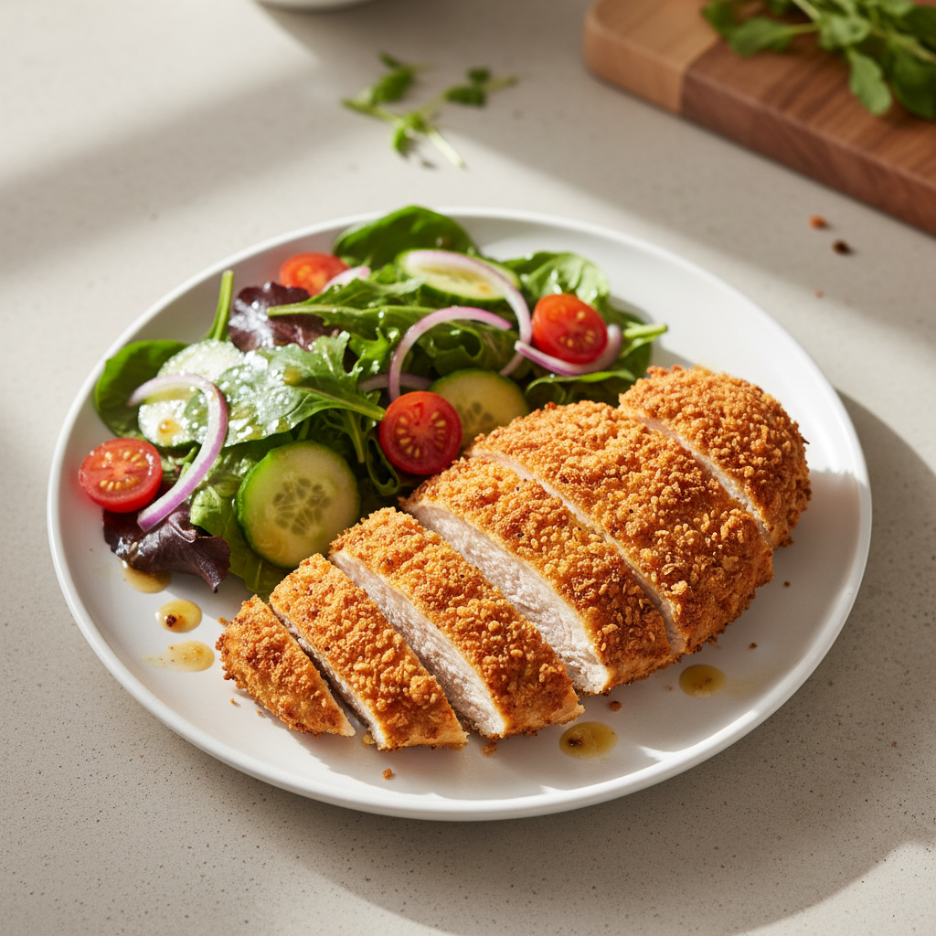 A crispy, golden-brown air-fried chicken breast, sliced, served with a fresh green salad.