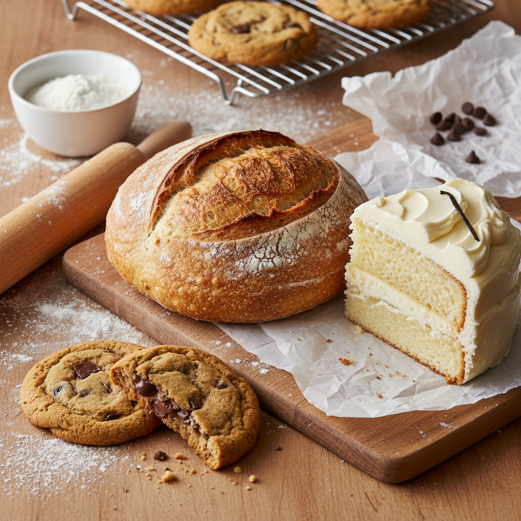 A curated assortment of freshly baked goods, including a rustic bread loaf, a slice of frosted vanilla cake, and two chocolate chip cookies, artfully arranged on a kitchen counter.