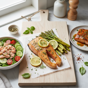 A curated display of various easy, quick, and healthy salmon dishes, including baked salmon with lemon and dill, pan-seared salmon with asparagus, and a colorful salmon salad bowl, presented on a light kitchen surface.