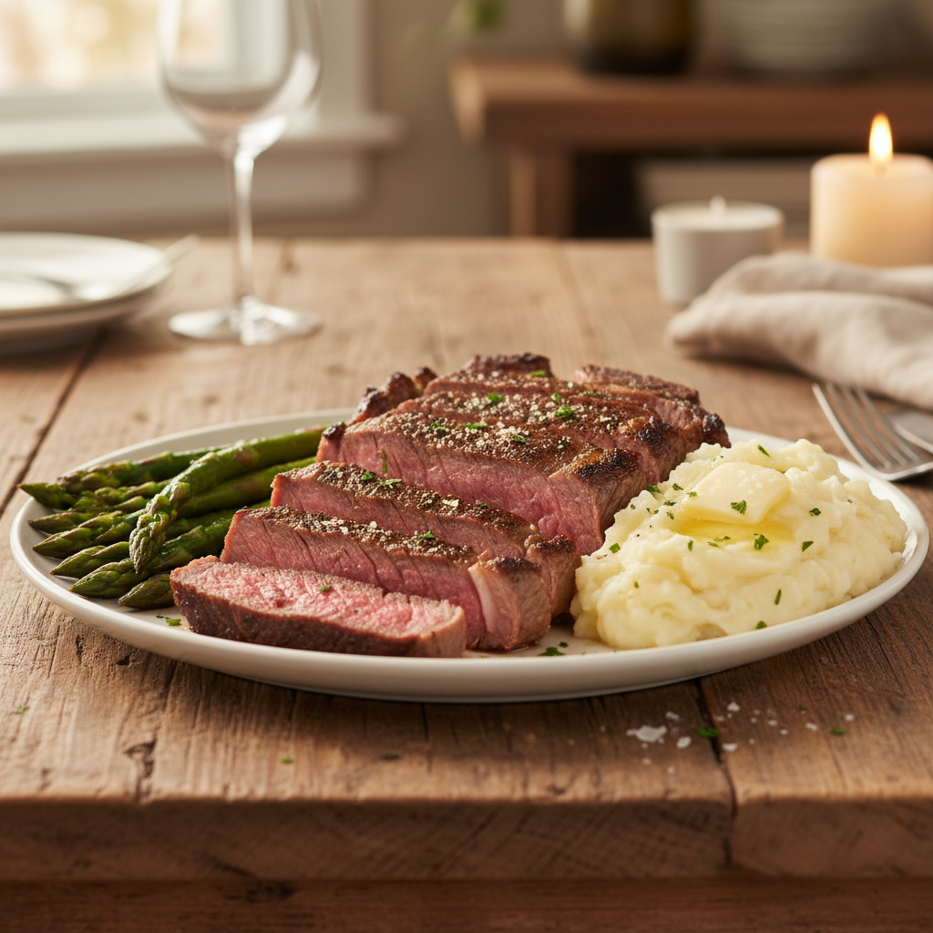 A dinner plate with sliced rib eye steak, roasted asparagus, and creamy mashed potatoes on a wooden table.