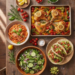 A diverse and appetizing spread of easy dinner ideas, including lemon herb chicken, creamy tomato pasta, and fresh tacos, beautifully arranged on a rustic table.