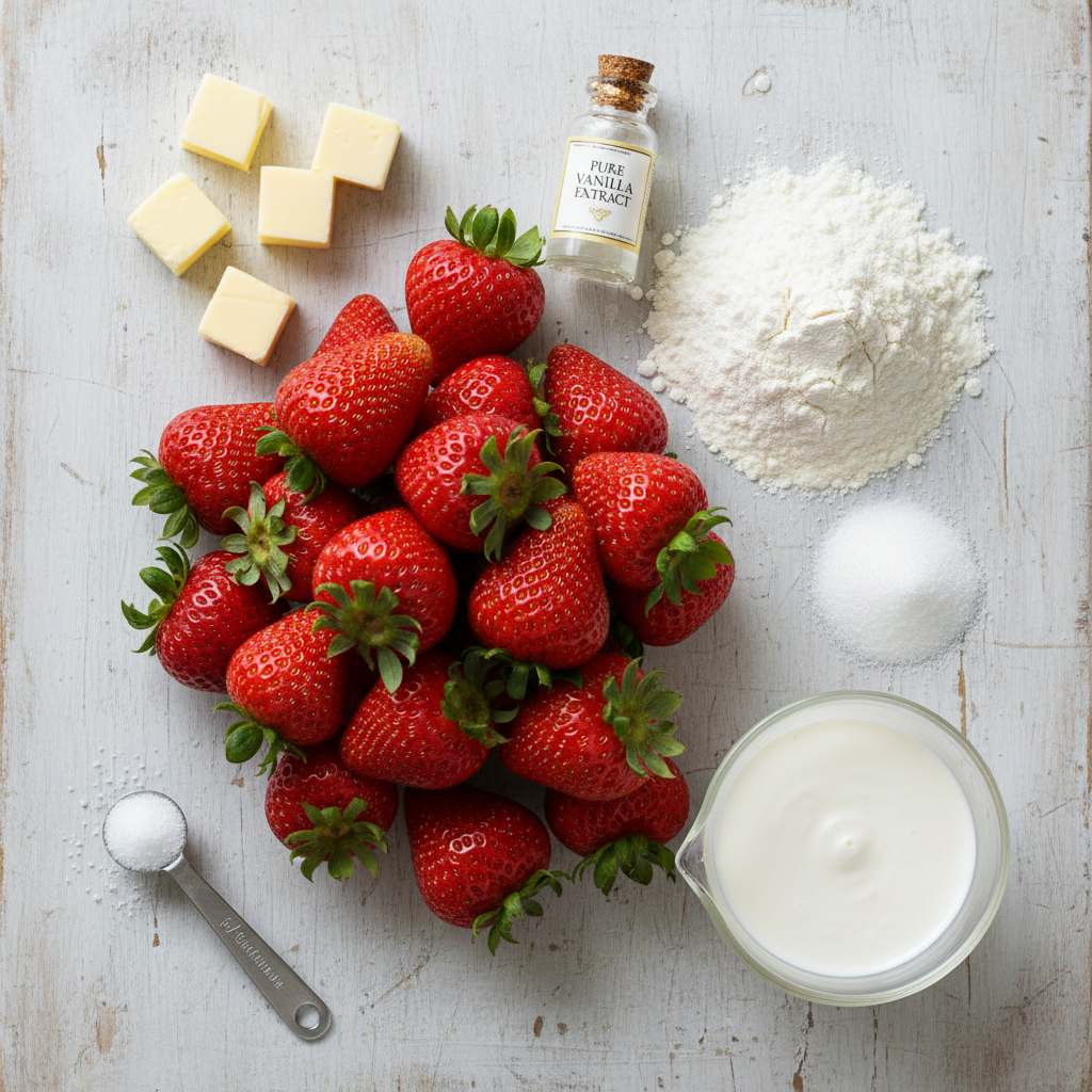 A flat lay of fresh, high-quality ingredients for strawberry shortcake, including whole strawberries, flour, sugar, cold butter, heavy cream, and vanilla extract on a rustic wooden surface.