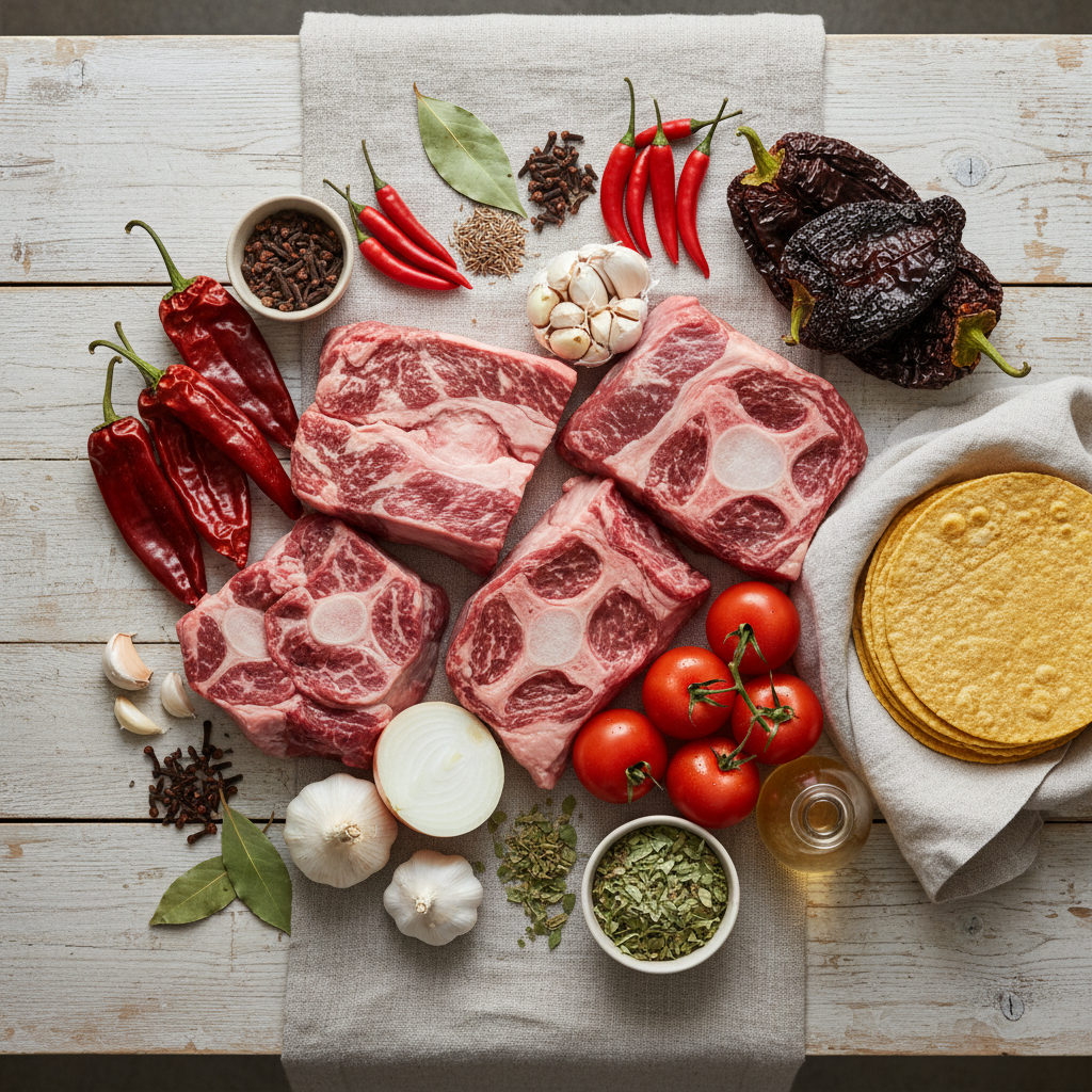 A flat lay of fresh ingredients for birria tacos, including beef, dried chiles, spices, onions, cilantro, and corn tortillas.