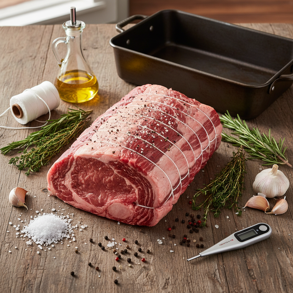 A flat lay photo showing a raw prime rib roast, fresh herbs, garlic, salt, pepper, olive oil, a roasting pan, kitchen twine, and a meat thermometer on a wooden kitchen counter.