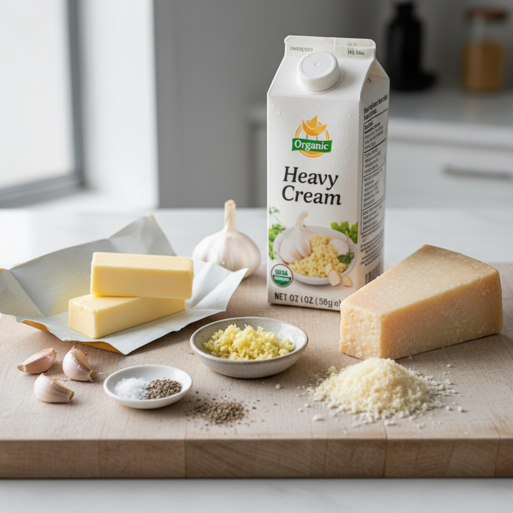 A flat lay photo showing fresh ingredients for Alfredo sauce: butter, heavy cream, garlic, a block of Parmesan cheese, salt, and pepper.