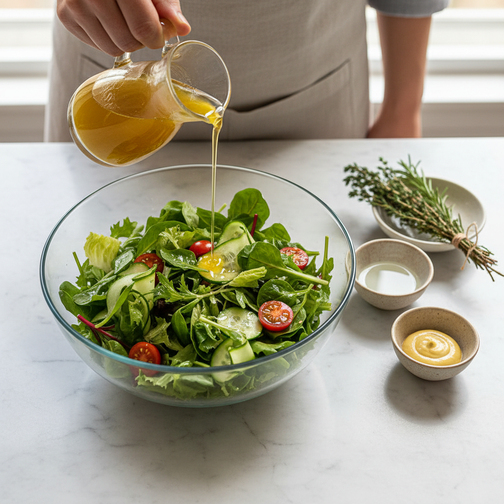 A fresh green salad being dressed with a stream of homemade golden vinaigrette from a glass cruet, surrounded by individual ingredients like olive oil, vinegar, and herbs.