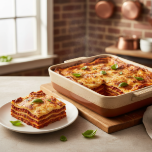 A freshly baked, golden-brown classic lasagna in a baking dish, with a slice served on a plate, showcasing its rich layers of pasta, meat sauce, and melted cheese, garnished with fresh basil.