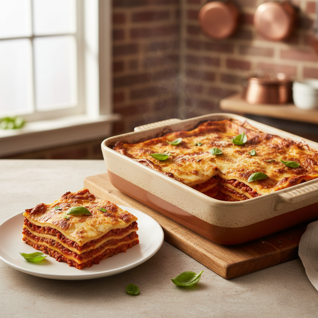 A freshly baked, golden-brown classic lasagna in a baking dish, with a slice served on a plate, showcasing its rich layers of pasta, meat sauce, and melted cheese, garnished with fresh basil.