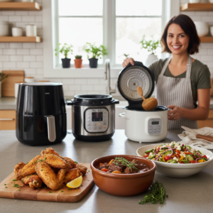 A friendly home cook in a well-lit kitchen, surrounded by various kitchen appliances like an air fryer and slow cooker, with an array of delicious, freshly cooked meals on a counter.