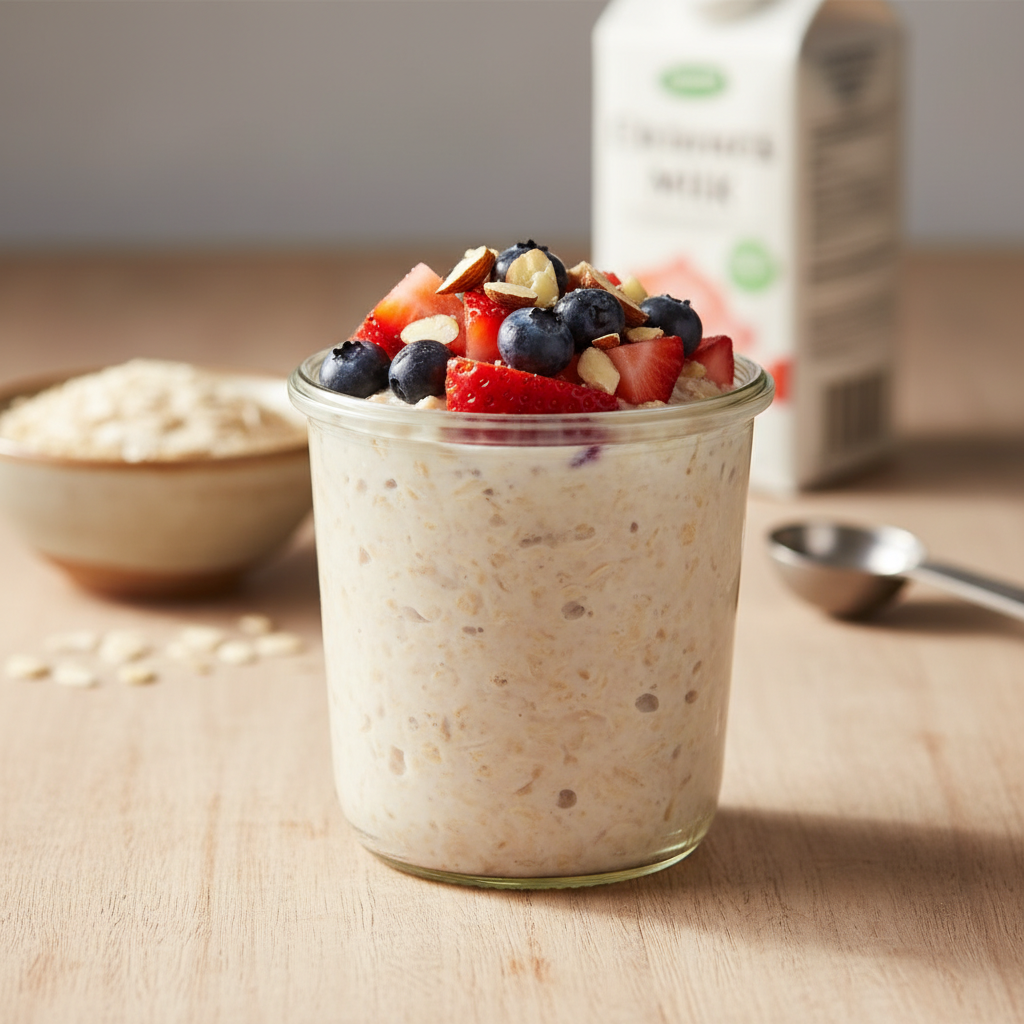 A glass jar of overnight oats topped with fresh strawberries, blueberries, and almonds on a wooden table, with ingredients in the background.