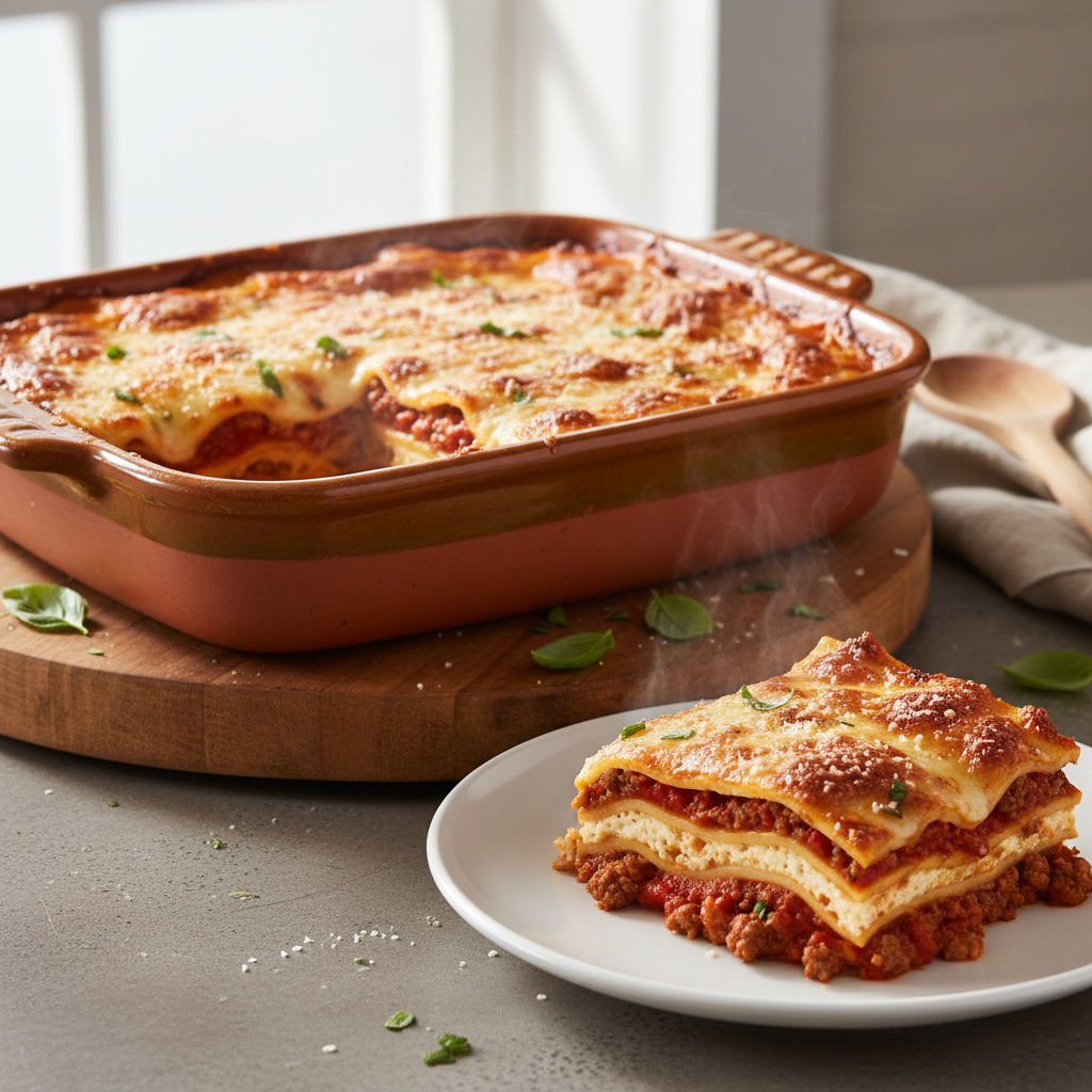 A golden-brown, bubbling baked lasagna in a ceramic dish, with a slice removed onto a plate, revealing its perfectly layered pasta, cheese, and meat sauce.