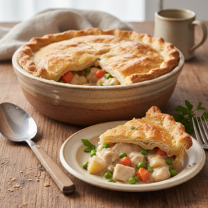 A golden-brown, freshly baked chicken pot pie in a ceramic dish, with a slice revealing its creamy chicken and vegetable filling.